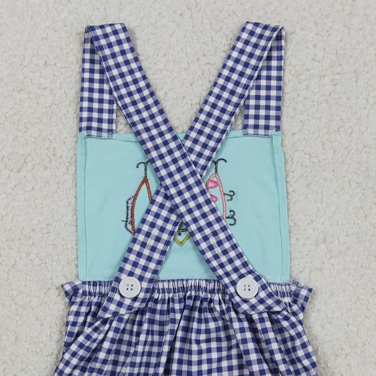 Embroidery Fishing Baby Boys Checked Rompers with Strap Hunting Theme Baby Boys Outfits