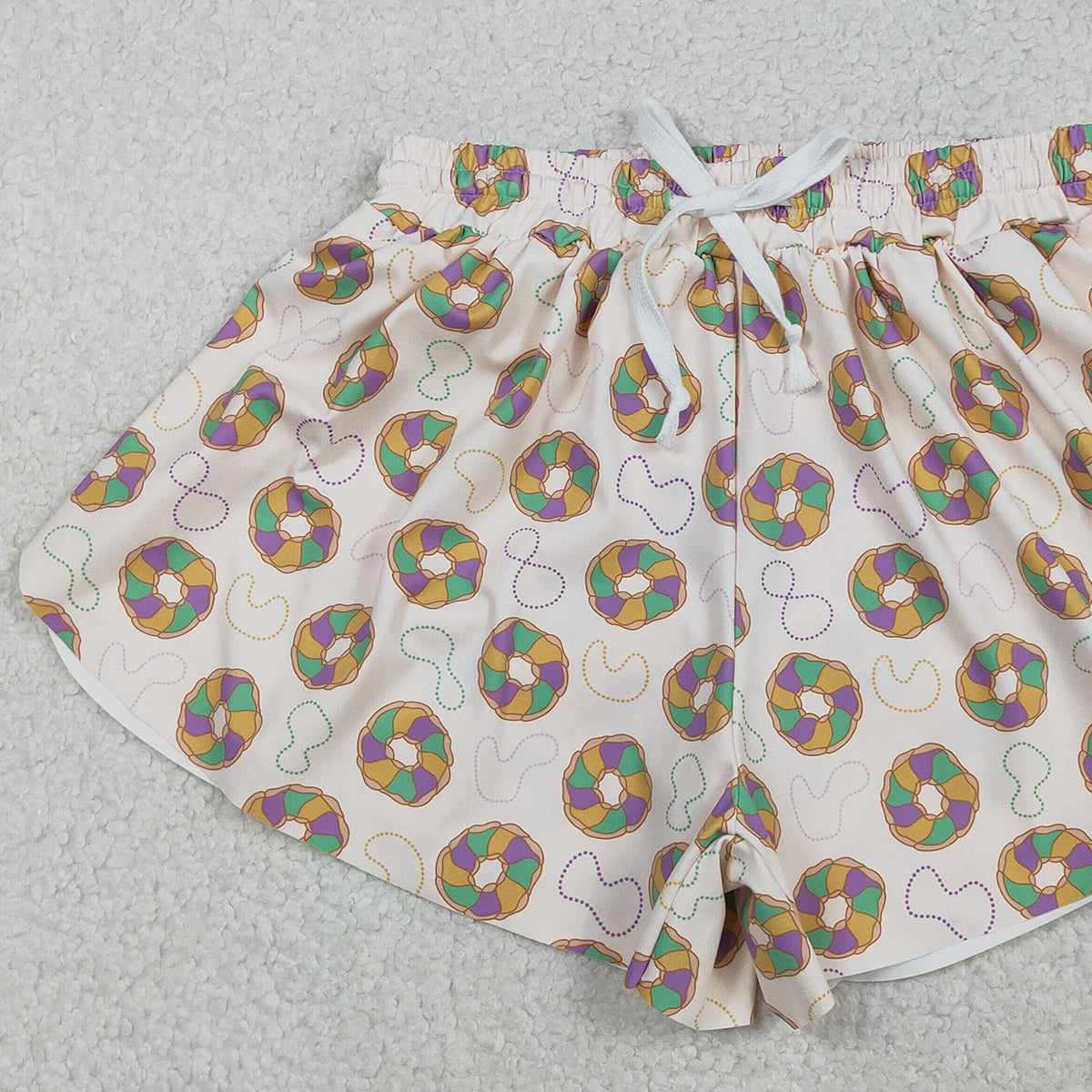 Adult Women's Mardi Gras Donut Necklaces Yoga Active Ruffle Shorts Bottoms Fashionable Workout Clothing Set