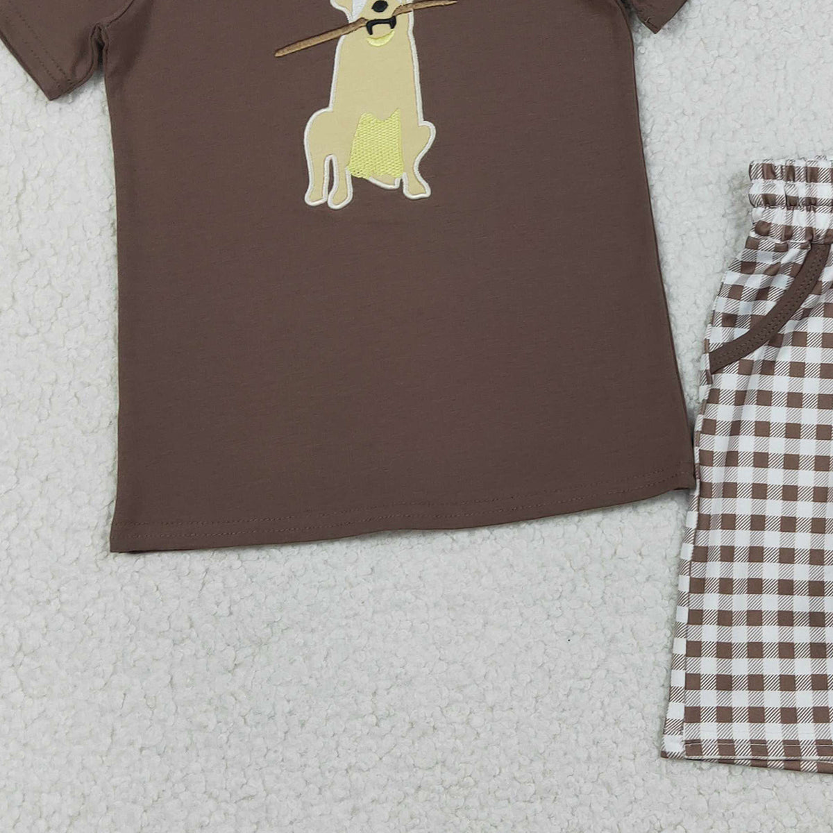 RTS NO MOQ（In Stock) BSSO1637 Embroidered Puppy Tree Branch Brown Short-Sleeved Plaid Shorts Set