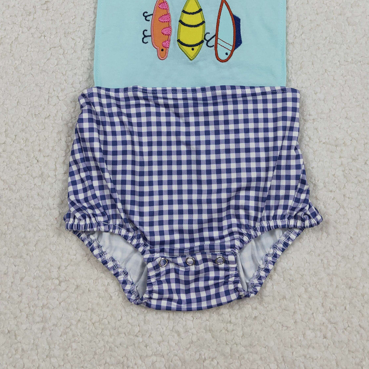 Embroidery Fishing Baby Boys Checked Rompers with Strap Hunting Theme Baby Boys Outfits