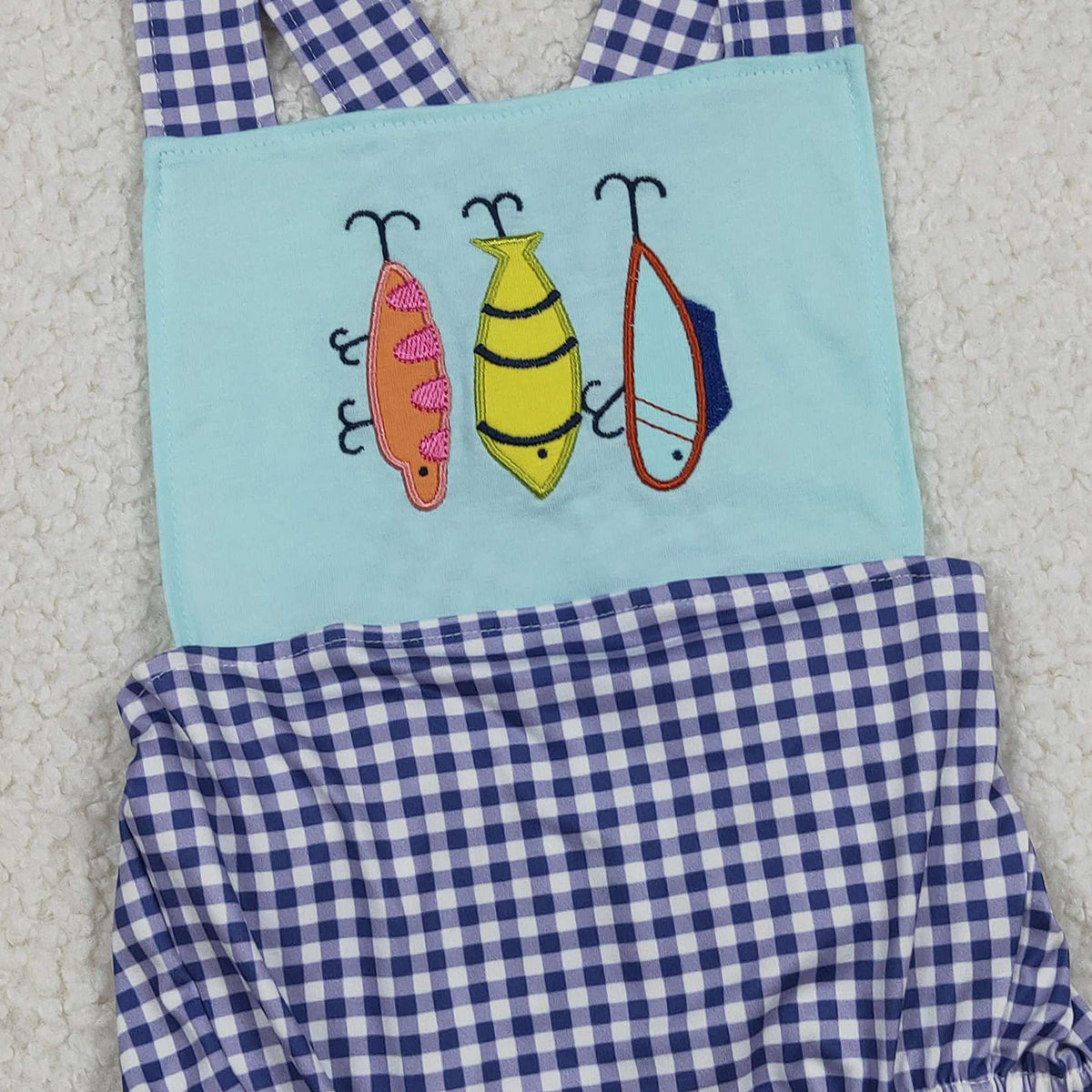 Embroidery Fishing Baby Boys Checked Rompers with Strap Hunting Theme Baby Boys Outfits