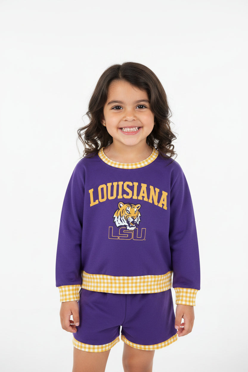 digital print purple football team LSU long sleeve sweatershirt shorts set