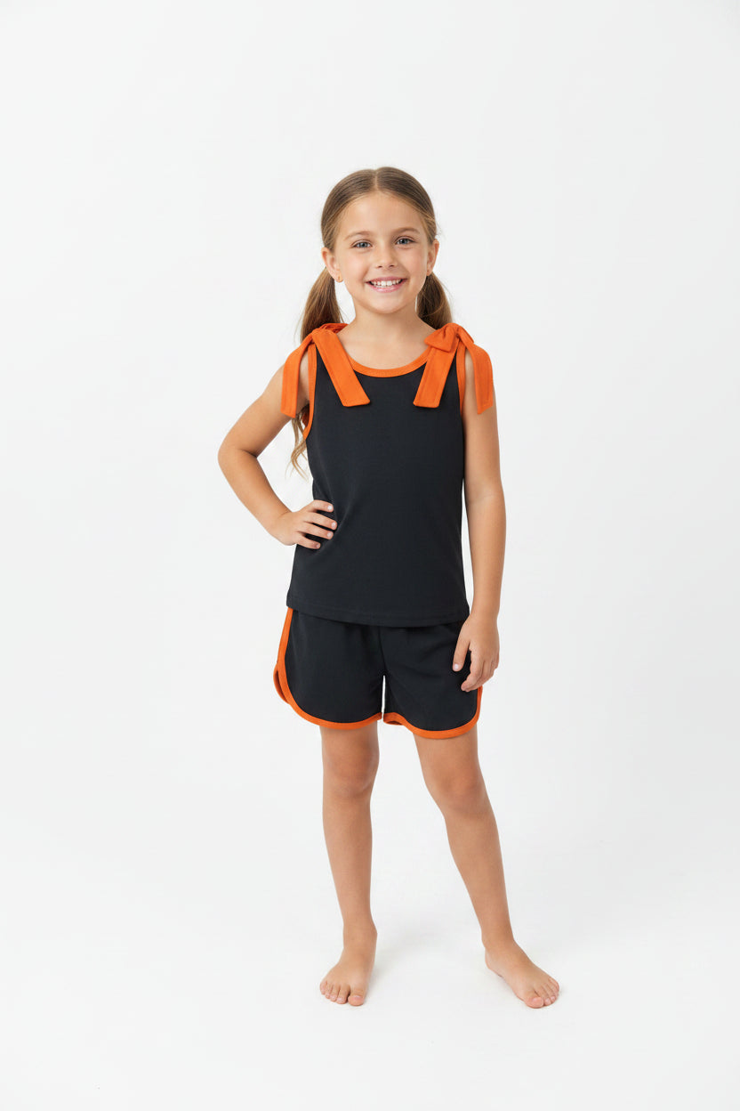 black orange bow shorts set summer girl clothing