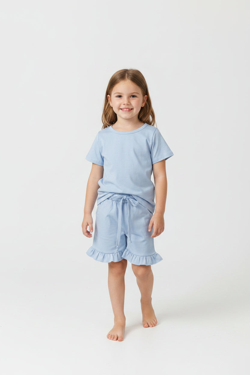 cotton blue ruffle shorts set summer girl clothing