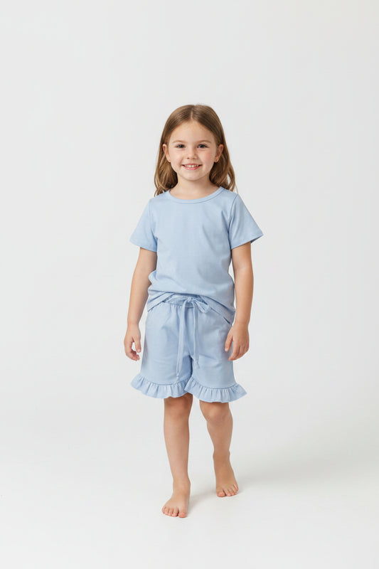 cotton blue ruffle shorts set summer girl clothing