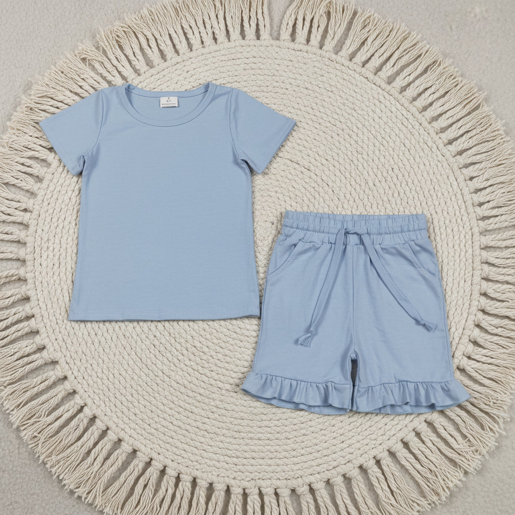 cotton blue ruffle shorts set summer girl clothing