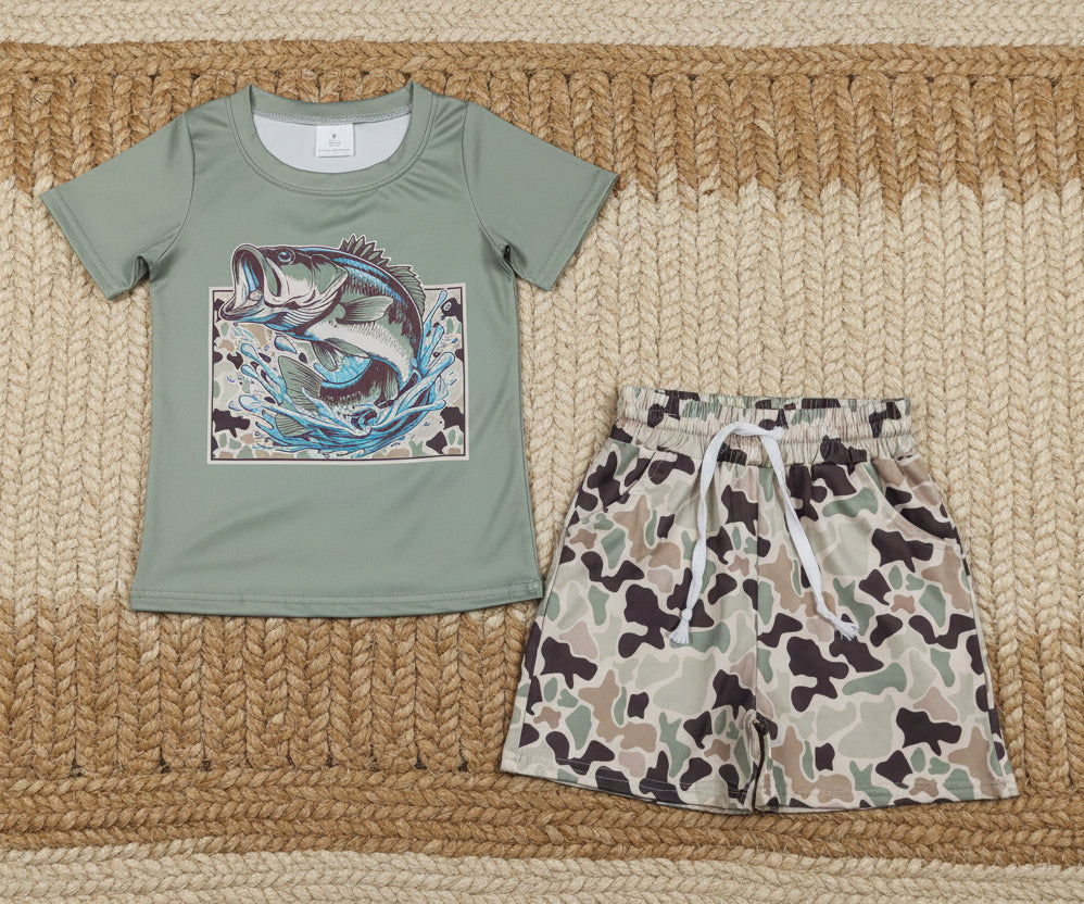 fish print camo shorts set kids clothing
