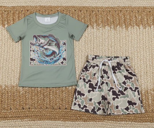 fish print camo shorts set kids clothing
