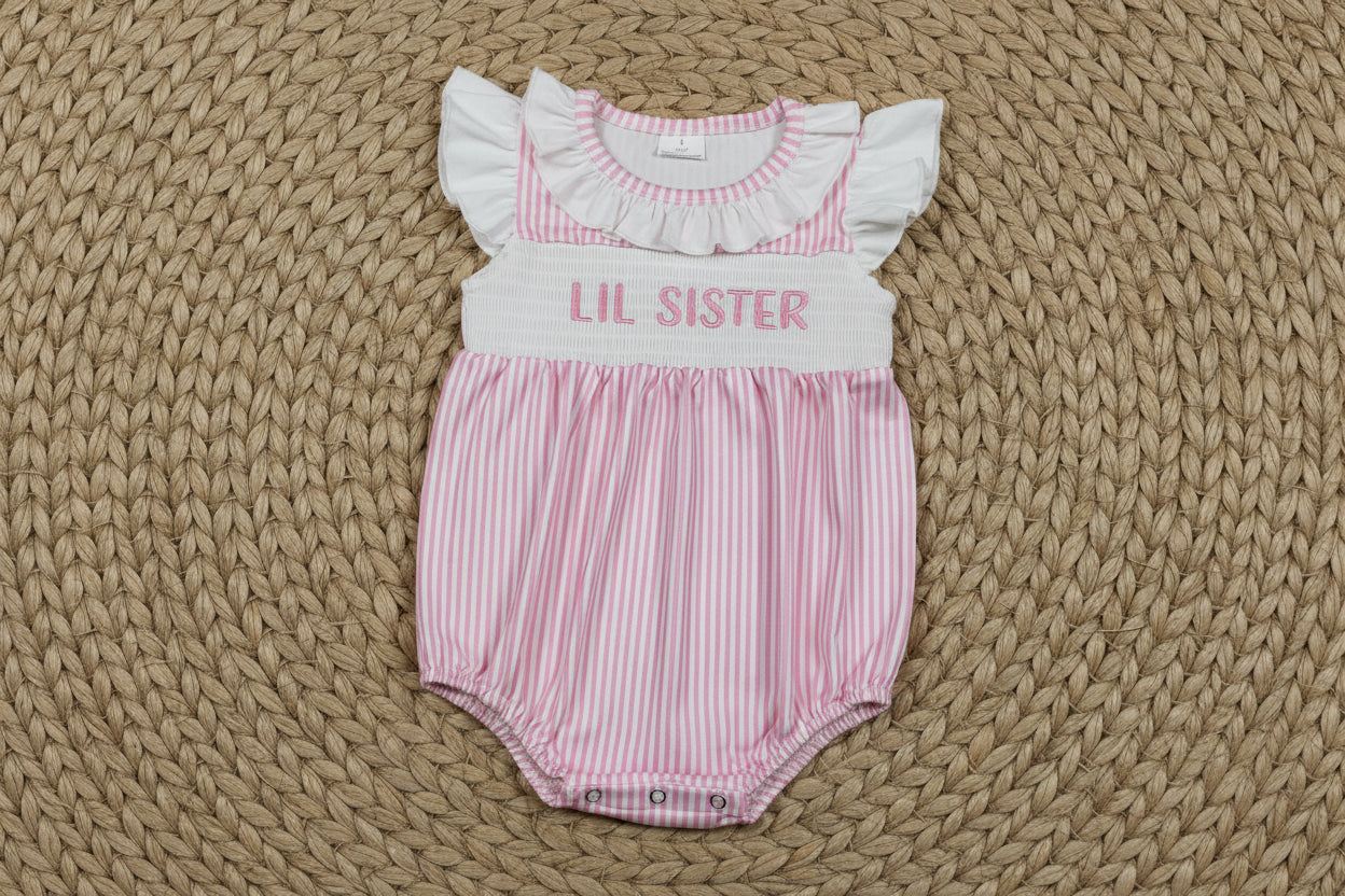 SR3593 pink stripes little sisiter smock bubble romper baby clothing