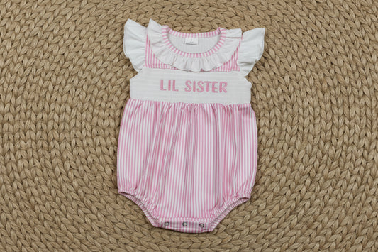 SR3593 pink stripes little sisiter smock bubble romper baby clothing