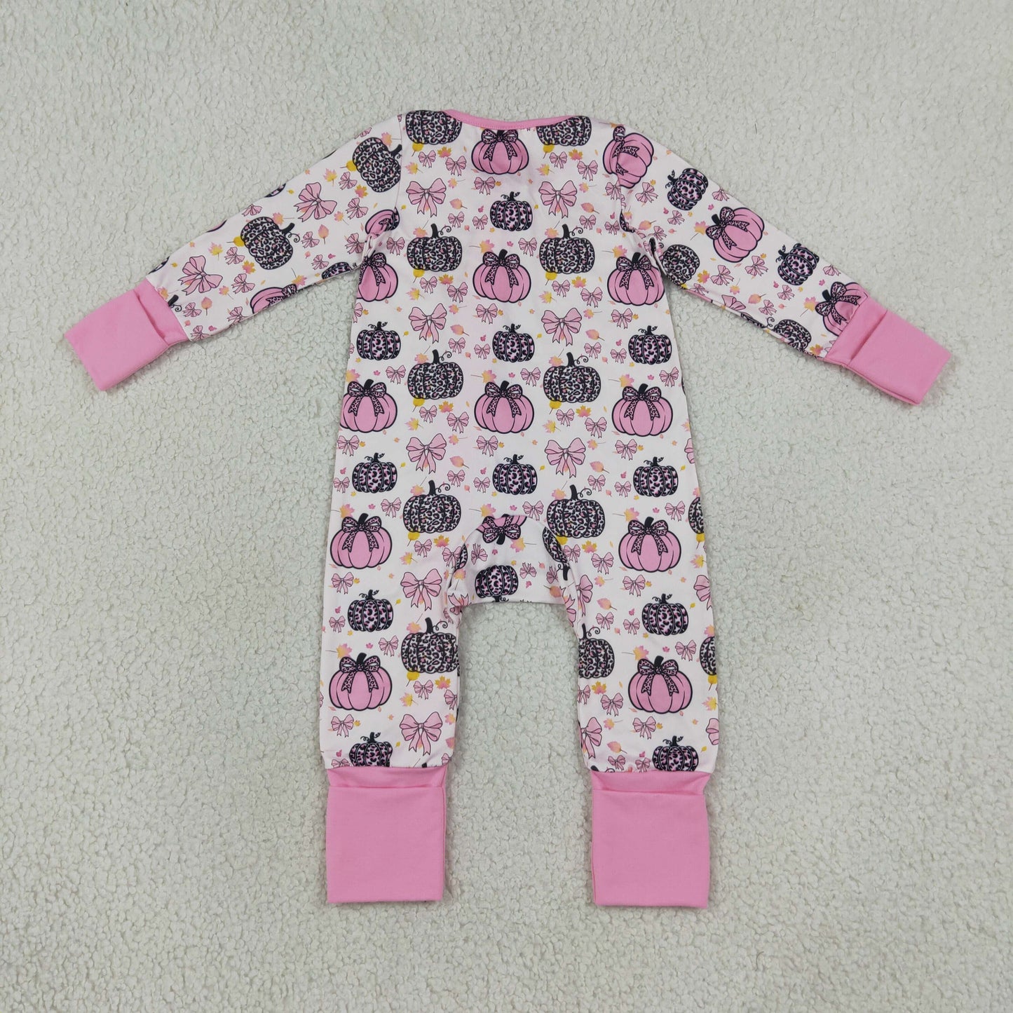 LR3061 long sleeve bow leopard pumpkin ruffle zip romper fall baby clothing