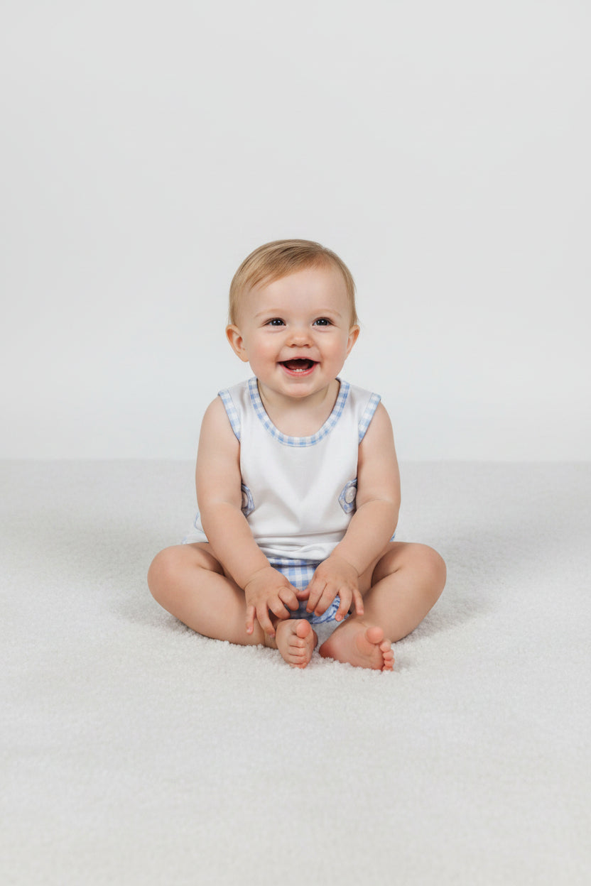 sleeveless white blue gingham bummie set