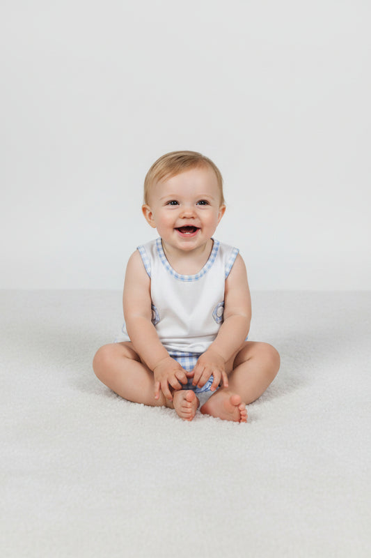 sleeveless white blue gingham bummie set