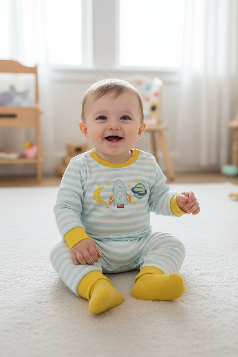 long sleeve rocket space embroidery striped boy romper