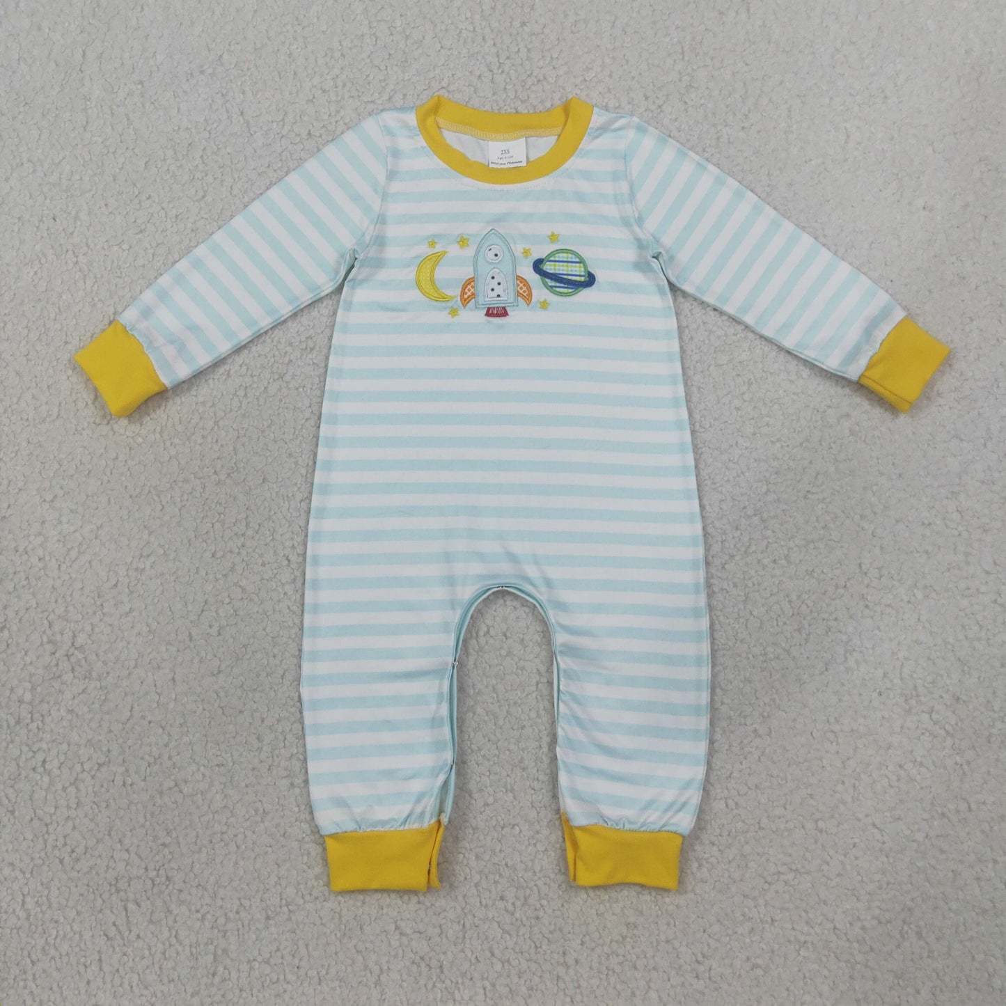 long sleeve rocket space embroidery striped boy romper