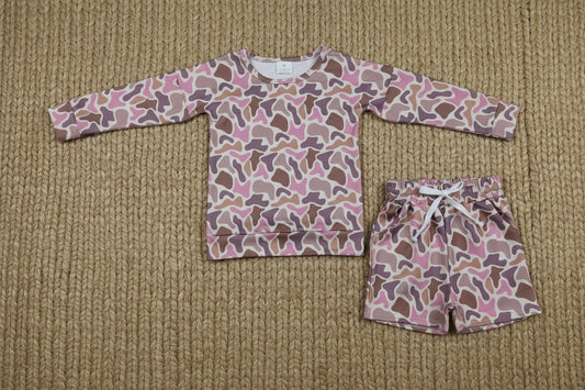 long sleeve pink camo shorts set