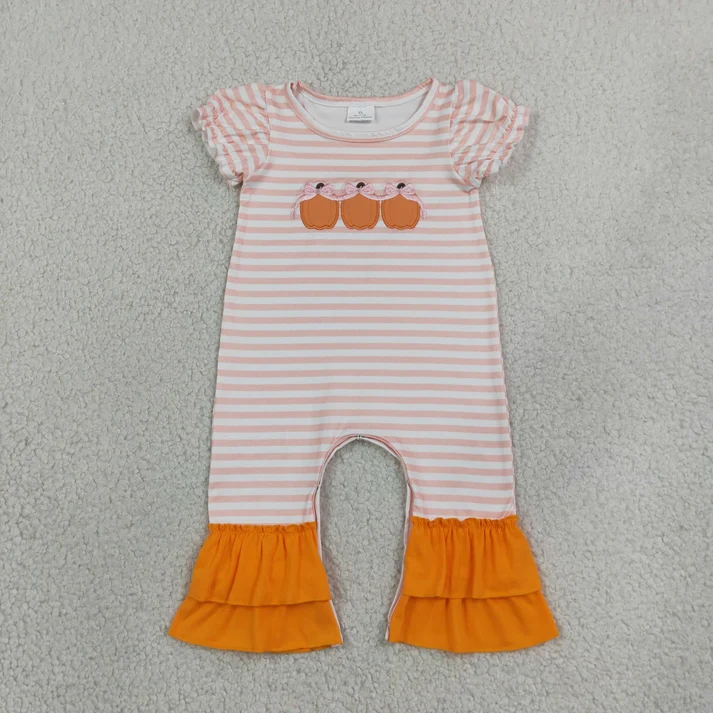 stripe short sleeve pumpkin embroidery girl romper