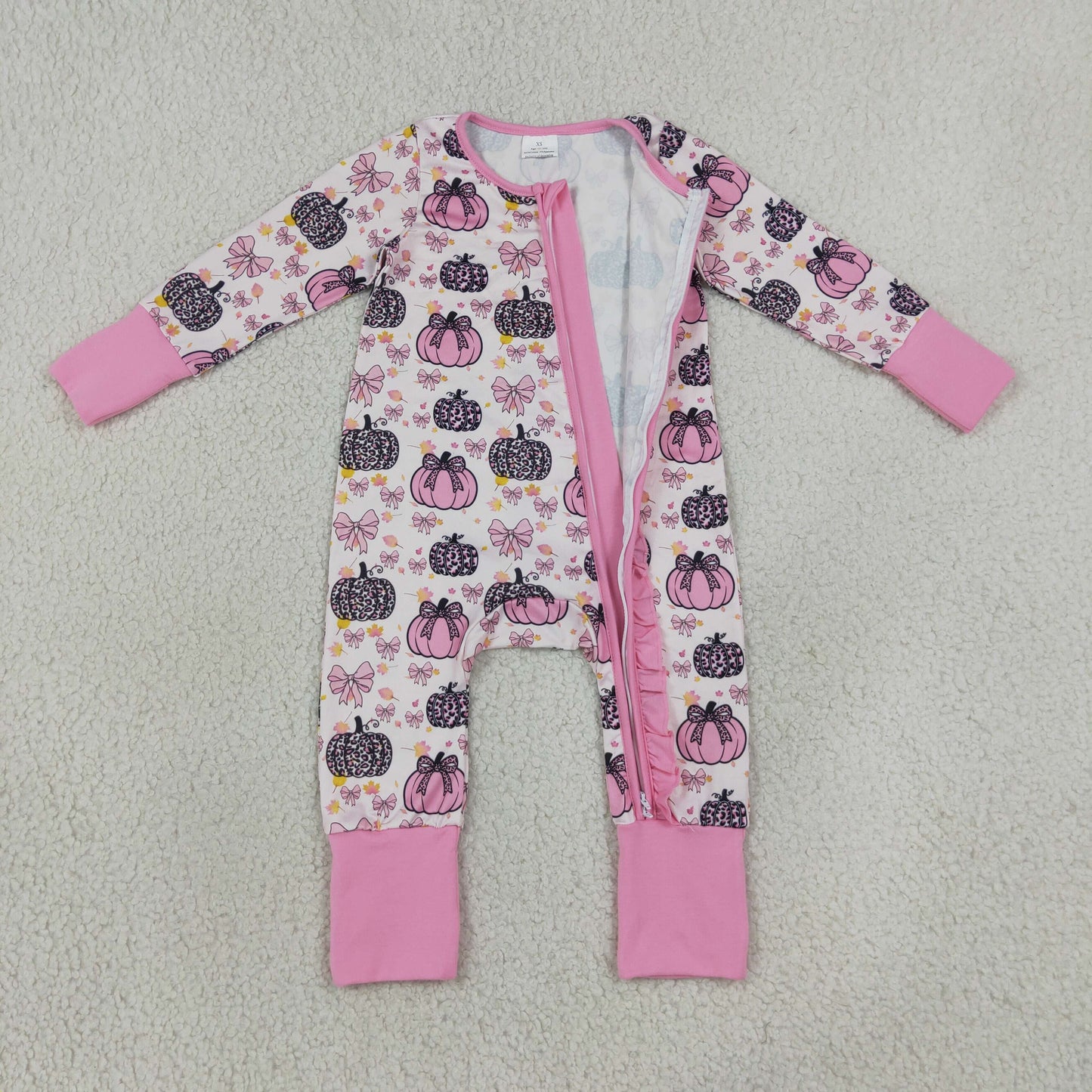 LR3061 long sleeve bow leopard pumpkin ruffle zip romper fall baby clothing