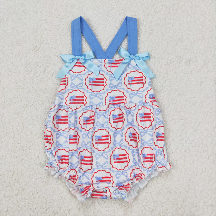 SR2691  Baby Infant Girls 4th of July Blue Bows Flag Strap Rompers