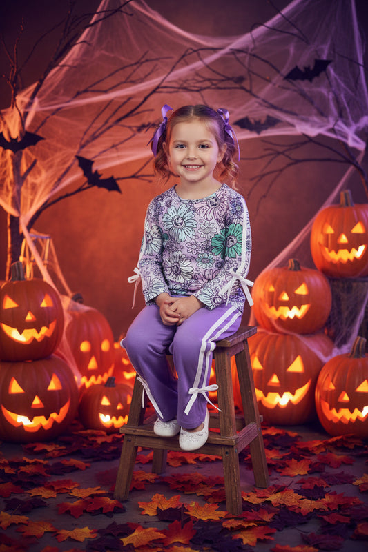 long sleeve halloween pumpkin daisy flower pants outfit in purple
