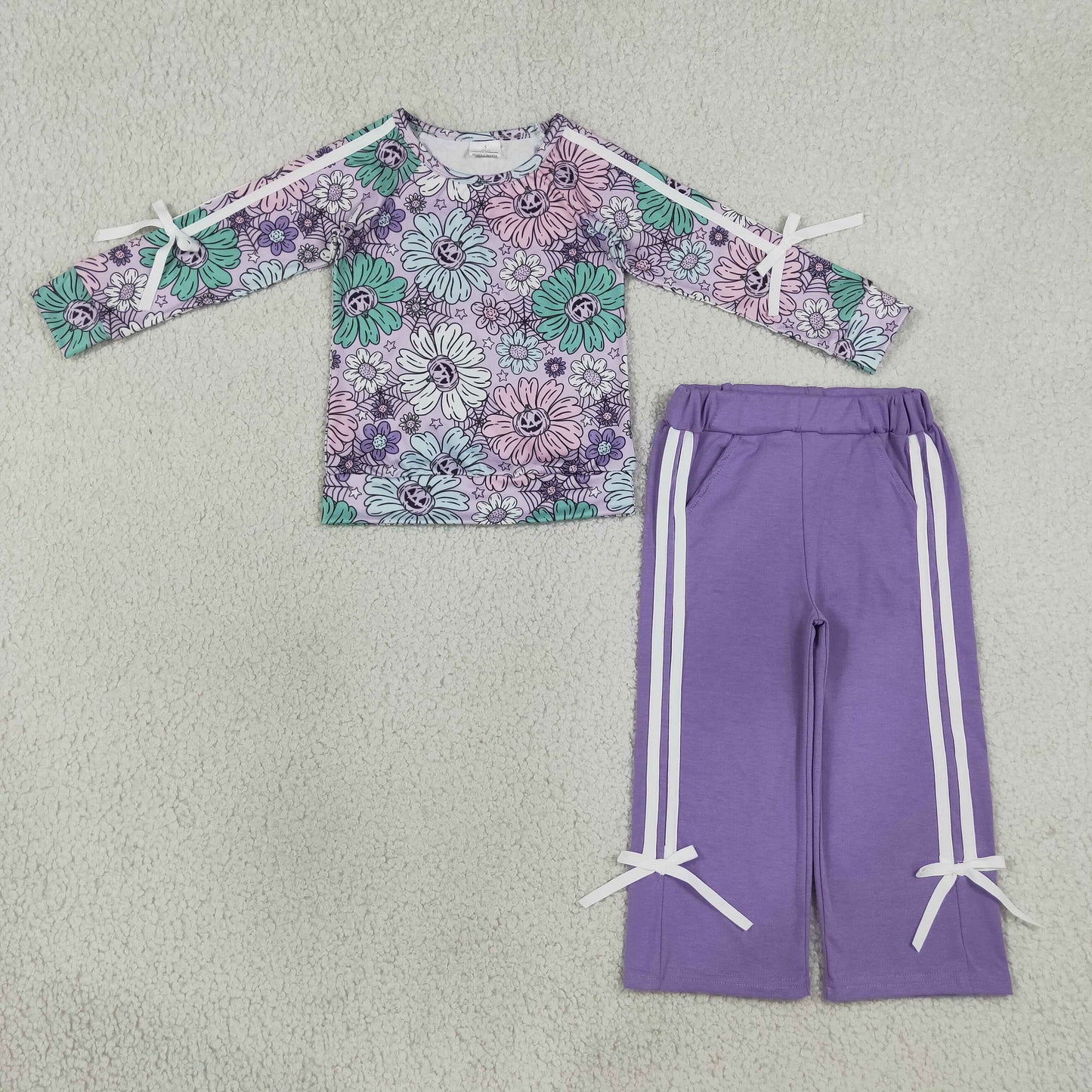 long sleeve halloween pumpkin daisy flower pants outfit in purple