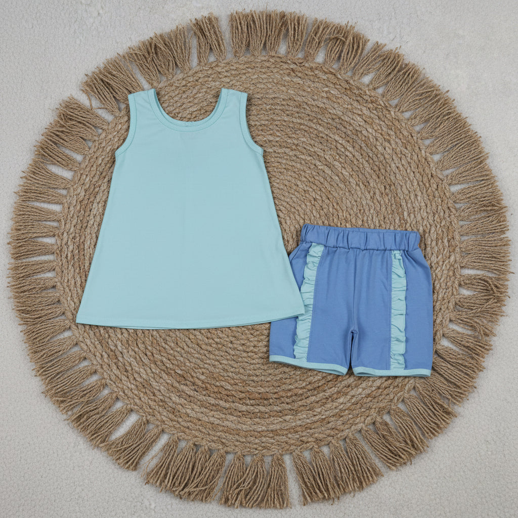 solid blue backless shorts set summer toddler girl clothing