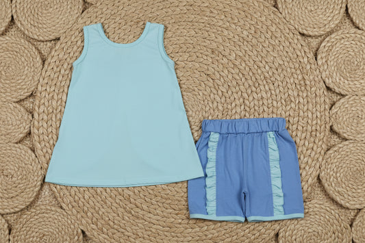 solid blue backless shorts set summer toddler girl clothing