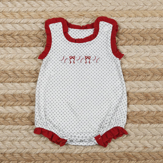 SR3581 red bows baseball embroidery polk dots bubble romper infant clothes