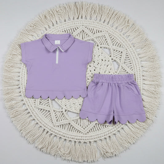 solid cotton purple zipper scallop shorts set summer girl clothing
