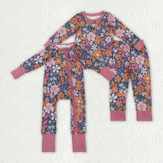 Sibling Baby Girls Lavender Floral Zip Rompers Pajamas Clothes Sets D 8.4