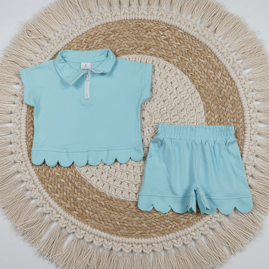 solid sky blue zipper scallop shorts set summer girl clothing