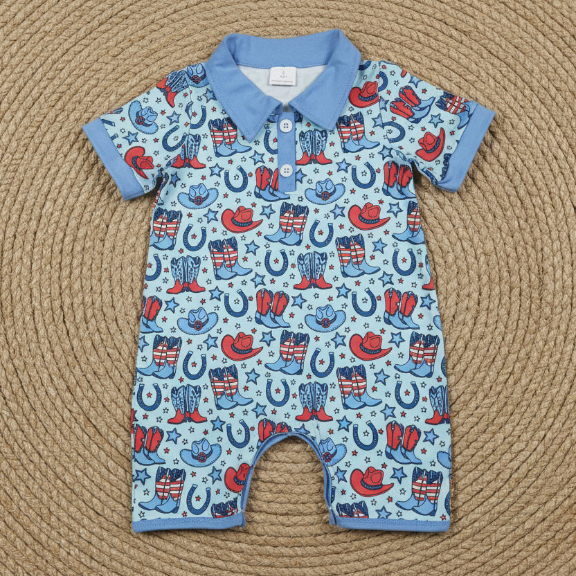 SR3884 4th of july cowboy polo romper