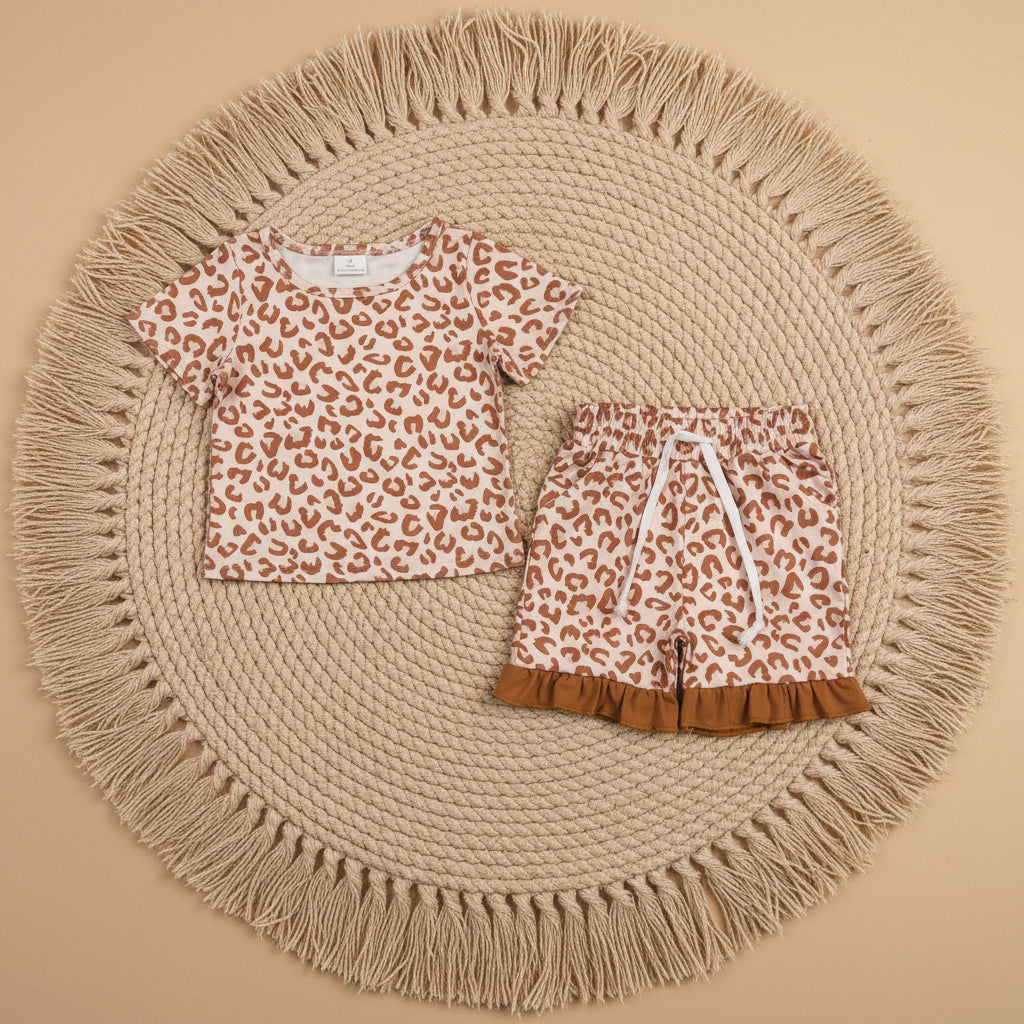 brown leopard ruffle shorts set summer girl clothing