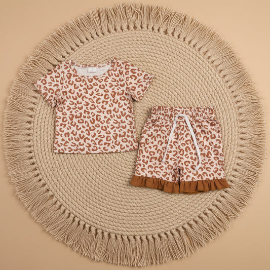 brown leopard ruffle shorts set summer girl clothing