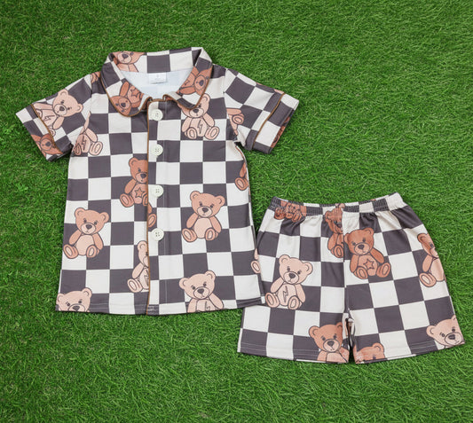 checkered bear print button down shorts pajama set