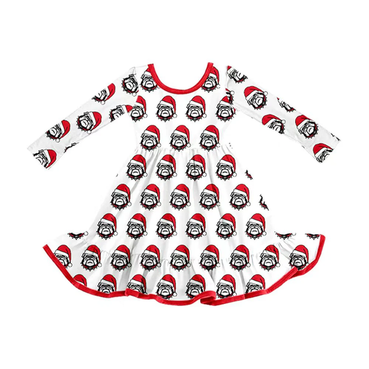Custom Baby Girls Bulldogs Team Christmas Ruffle Knee Length Dresses  D 8.13