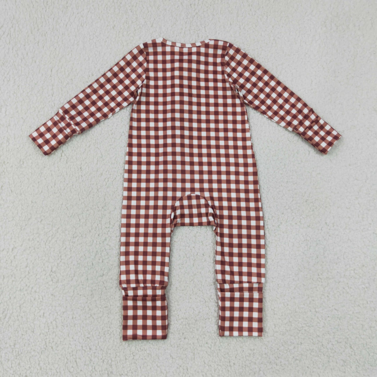 LR3113 long sleeve chocolate gingham zipper sleeper baby clothing