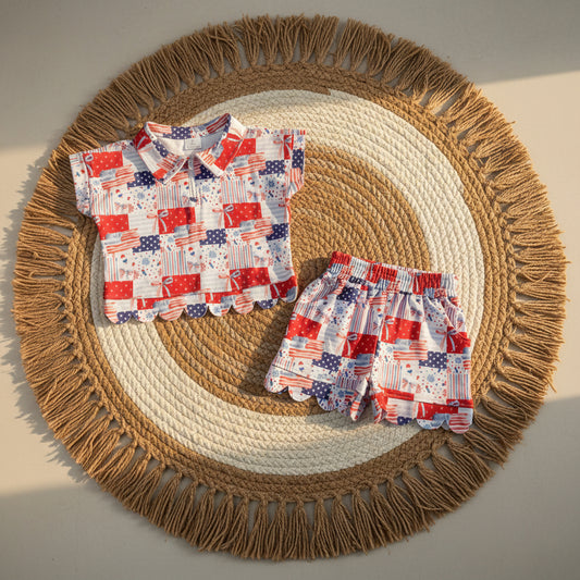 patriotic patchwork zip scallop shorts set summer girl clothing