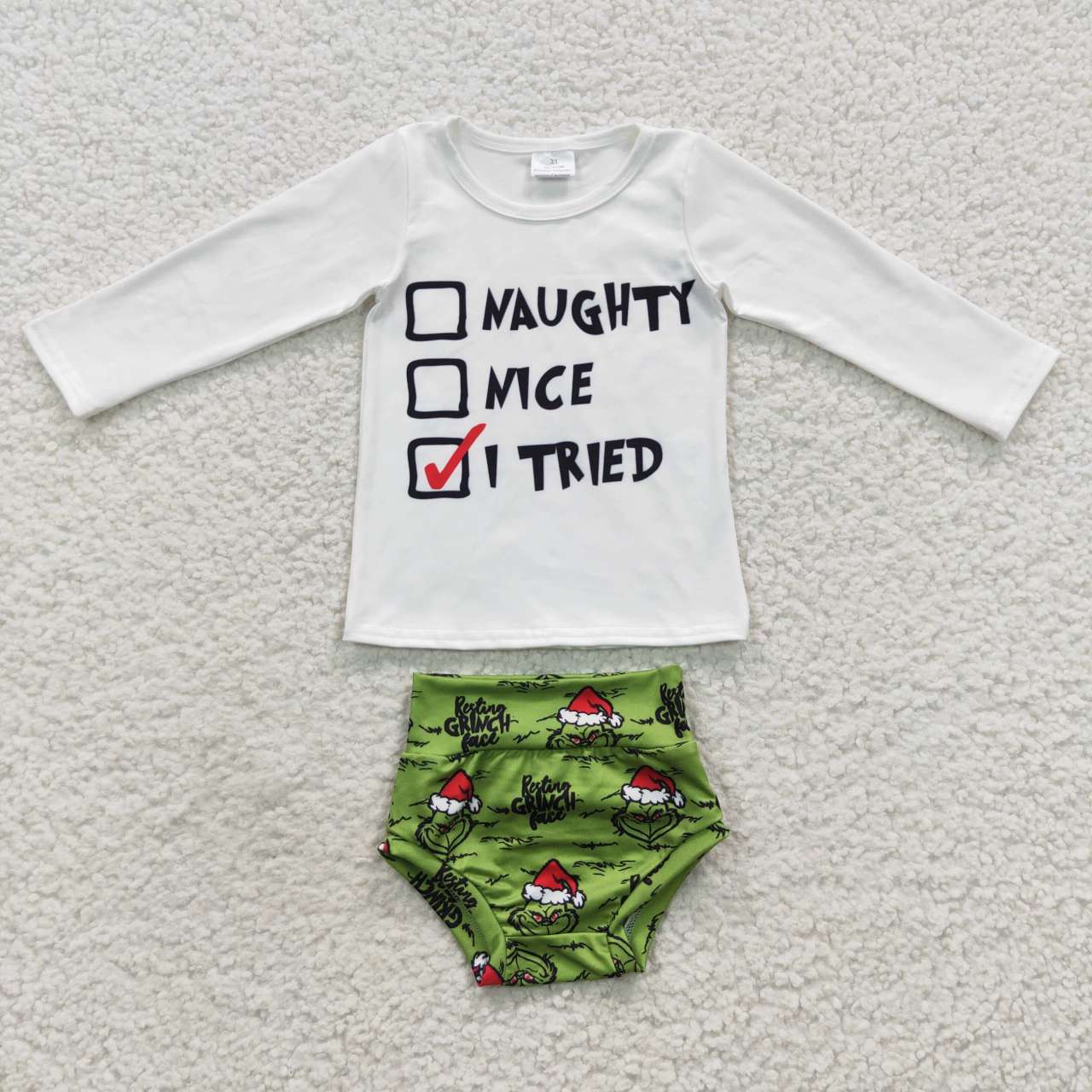 GBO0167 naughty letter white long sleeve grinch briefs set