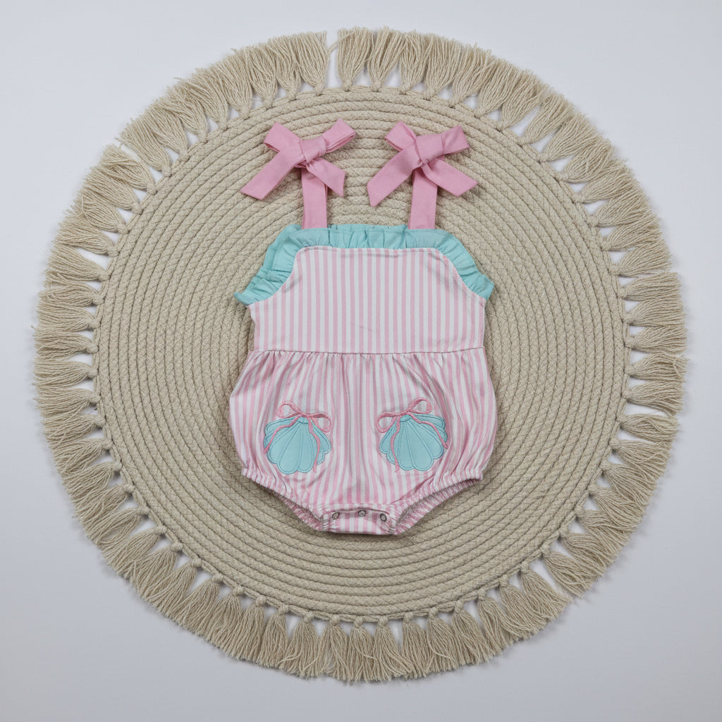 SR4127 pink stripes strap shell embroidery romper