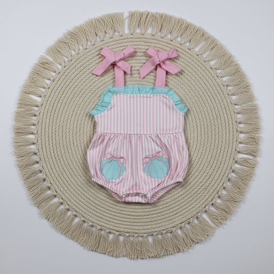 SR4127 pink stripes strap shell embroidery romper