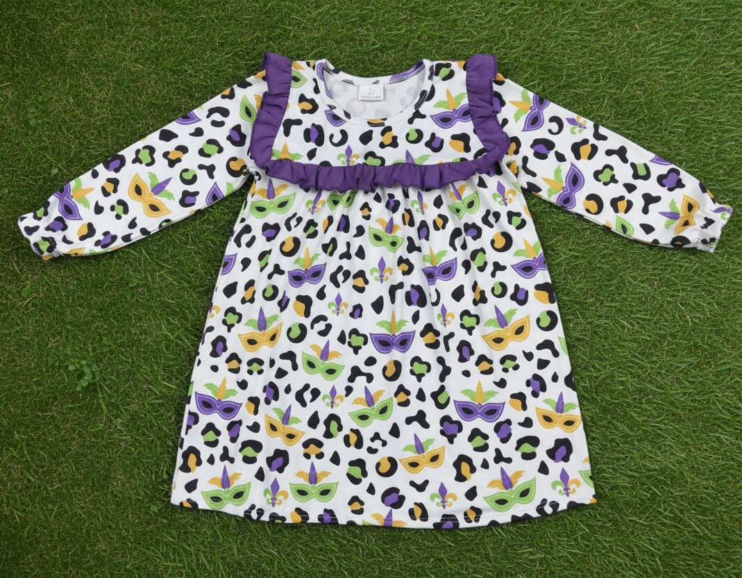 purple green gold leopard and mask print mardi gras girl dress