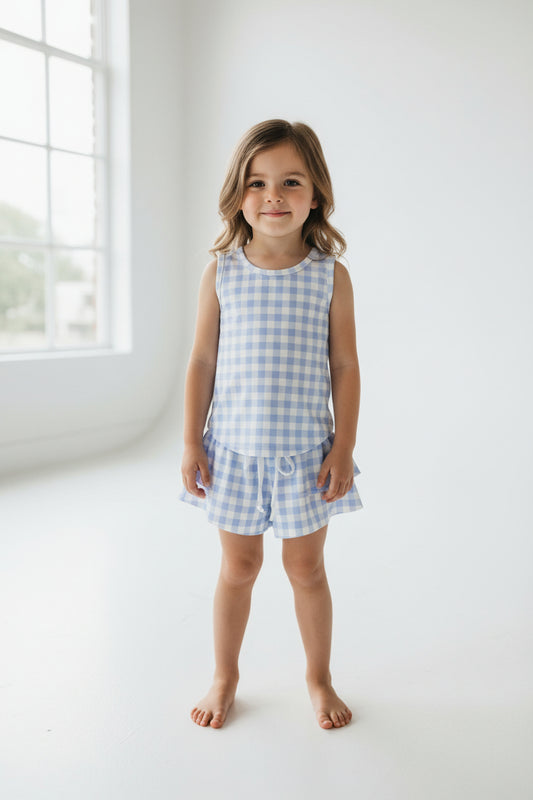 sleeveless blue gingham athletic butterfly skort outfit girls clothes