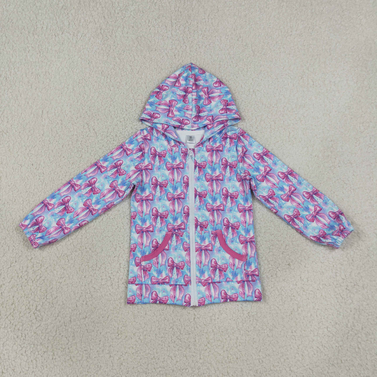 children's full-zip hooded jacket pink bow and blue watercolor tie-dye with bright pink pocket trim