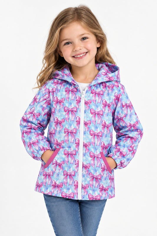 children's full-zip hooded jacket pink bow and blue watercolor tie-dye with bright pink pocket trim