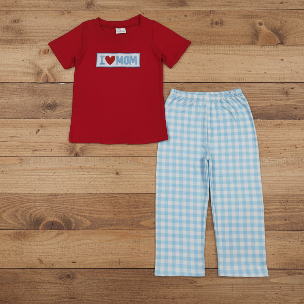 i love mom embroidery valentine boys pants set outfit