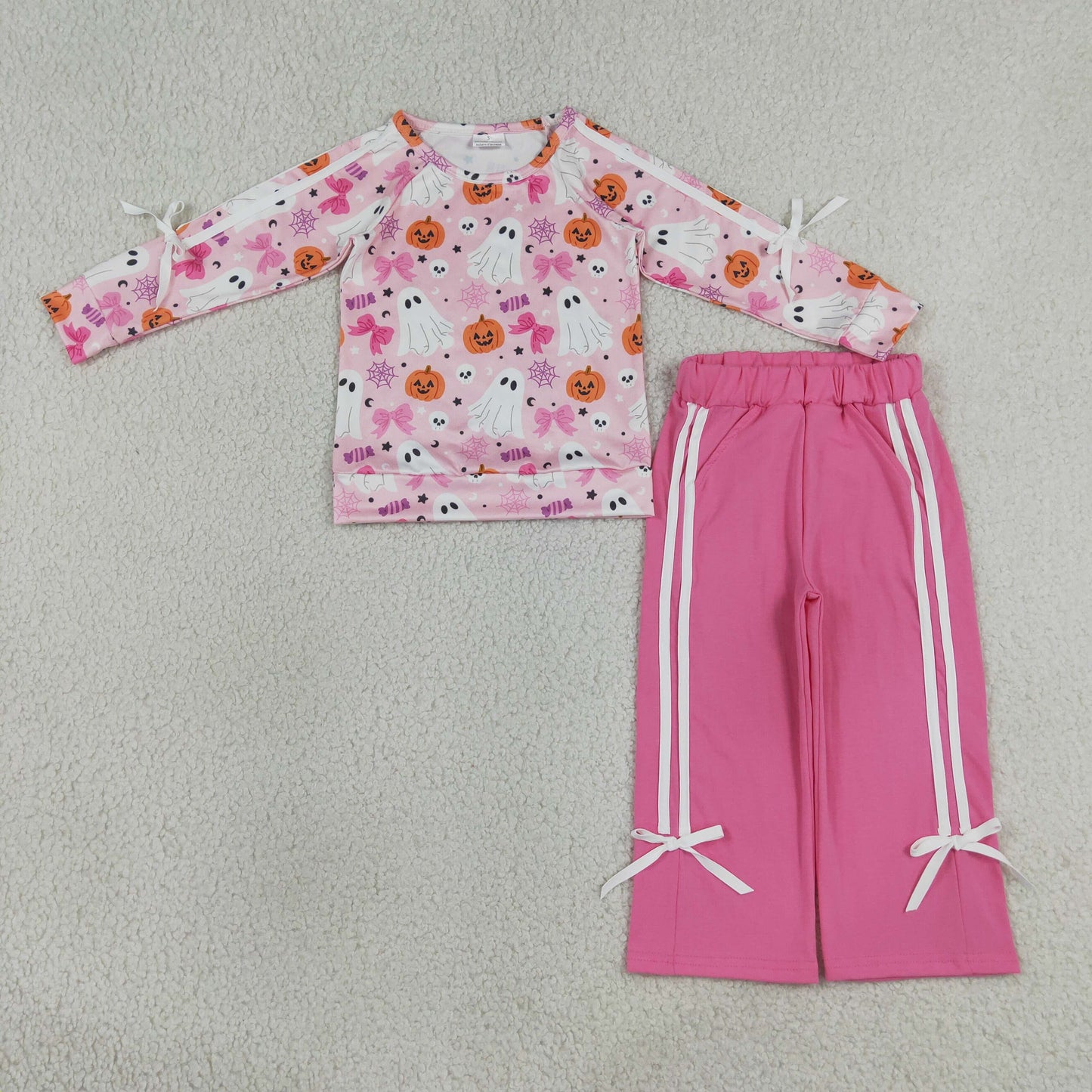 long sleeve halloween pumpkin candy ghost print hot pink pants set
