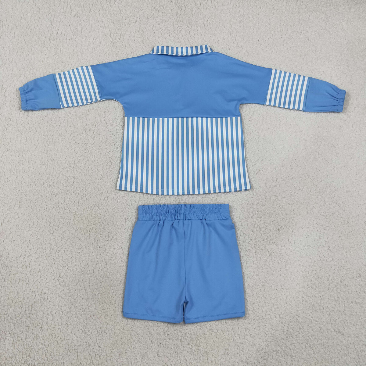 long sleev blue striped pullover shorts athletic outfit