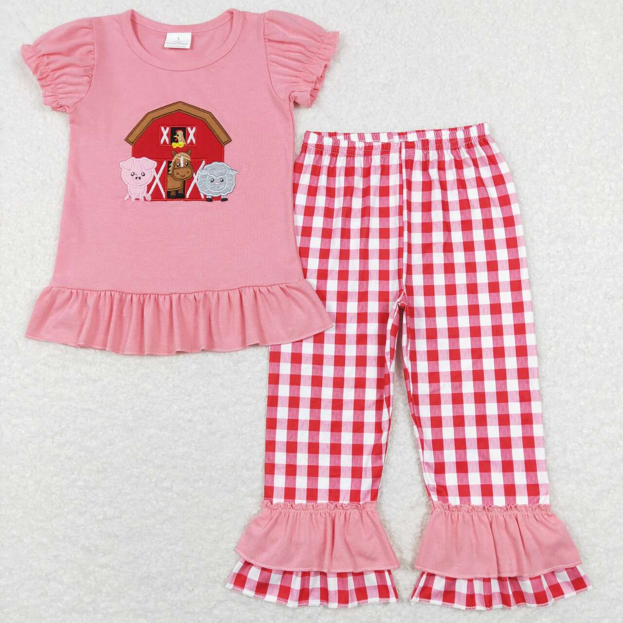 GSPO0994 Embroidery farm animals red house pig horse sheep pink short sleeve red and white plaid trousers suit