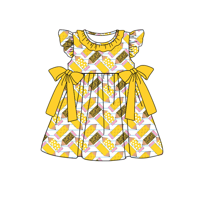 GSD1038 Leopard print polka dot pencil yellow lace bow flying sleeve dress